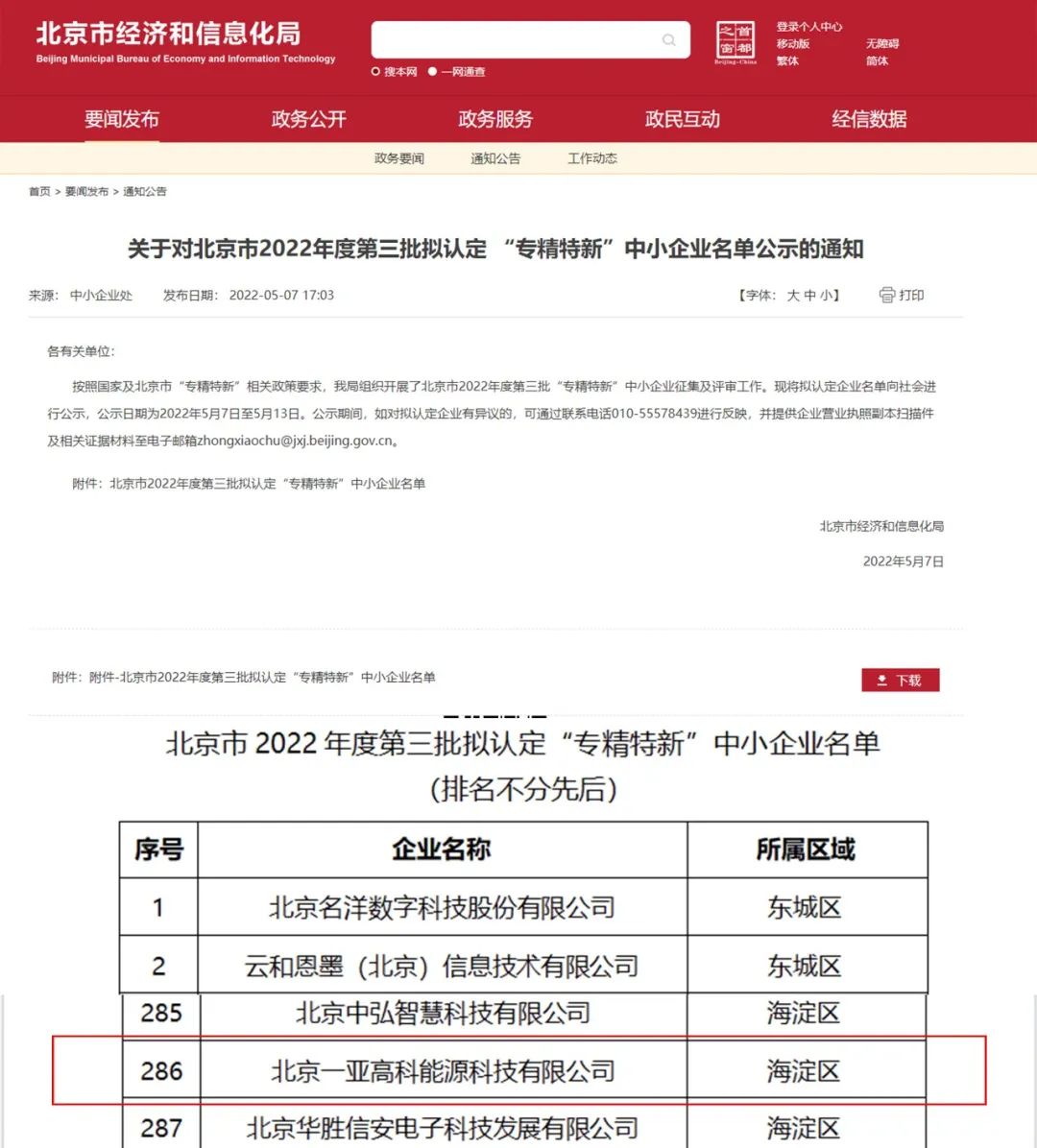 喜報丨一亞高科榮登北京市2022年度“專精特新”中小企業名單